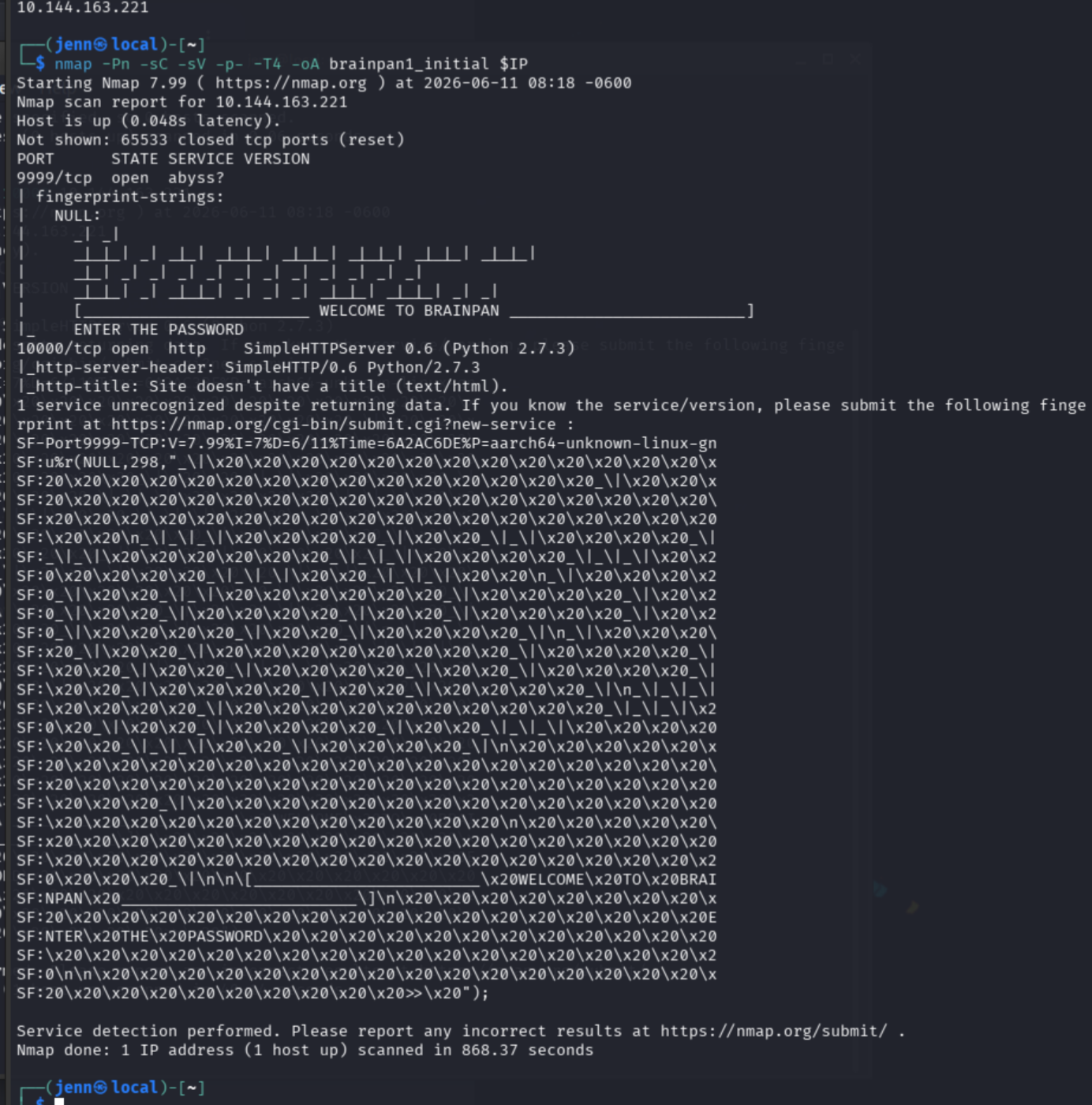 Nmap output confirming open ports 9999 and 10000 with service details